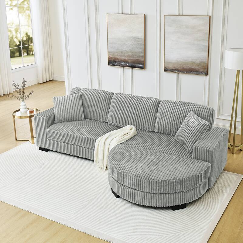 Corduroy Tufted Upholstered Sofa, L-Shaped Modular Sectional Sofa, Convertible Sleeper Sofa with Curved Ottoman