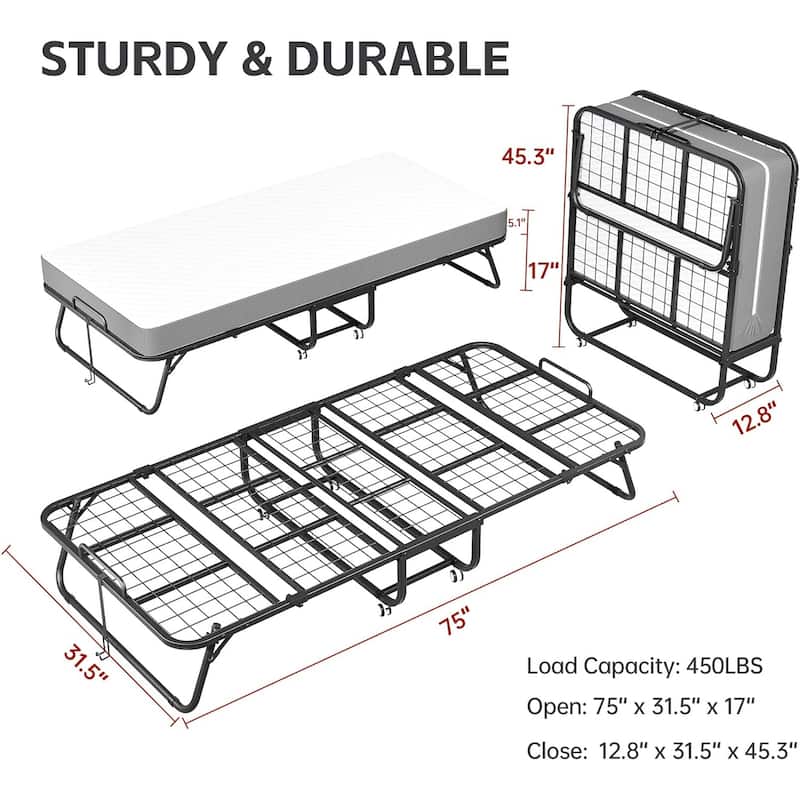 75x31 Rollaway Folding Guest Bed Twin Size with 5'' Mattress