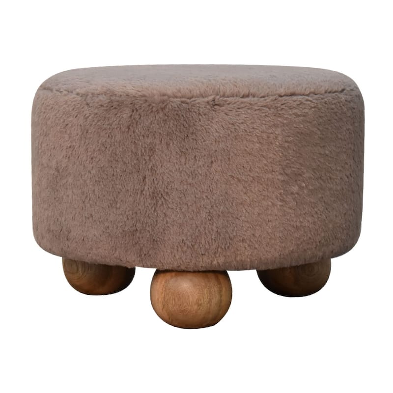 Artisan Furniture Solid Wood Mocha Faux Fur Round Ball Footstool, Mocha Fur