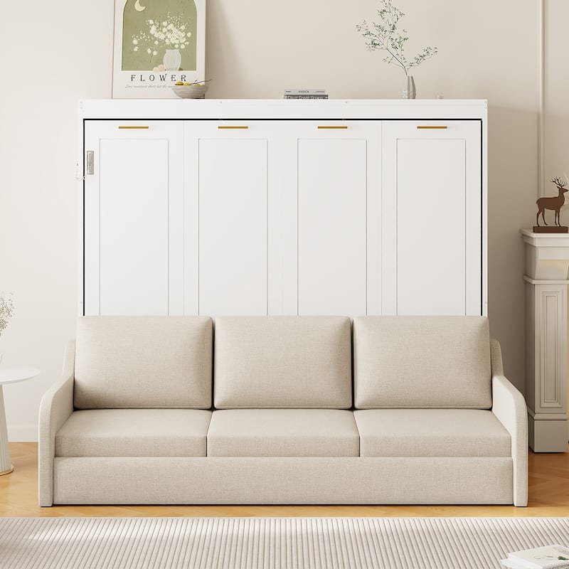 Full Size Murphy Cabinet Bed with Folding Sofa, Built-in Storage, LED Light, Beige