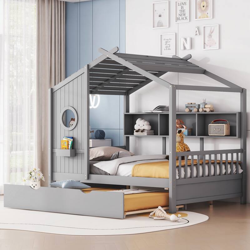 Wooden Full Size House Bed With Trundle, Modern Design for Kids with Storage Shlef - Grey