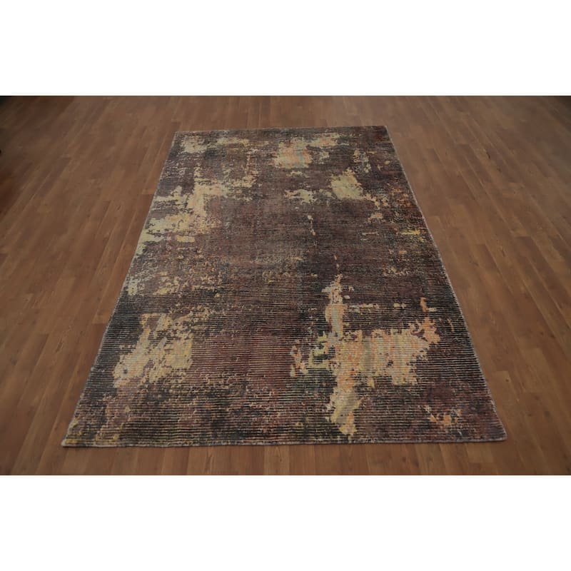 Hand Knotted Oriental Viscose Silk Carpet Modern All-Over Brown Abstract Area Rug - 7' 9'' X 4' 11''