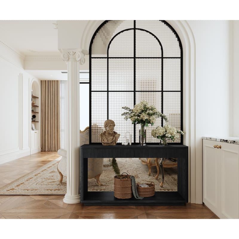 60" Modern 2-Drawer Fluted Console Table Natural Wood Veneer Sofa Table Behind Couch Table for Living Room