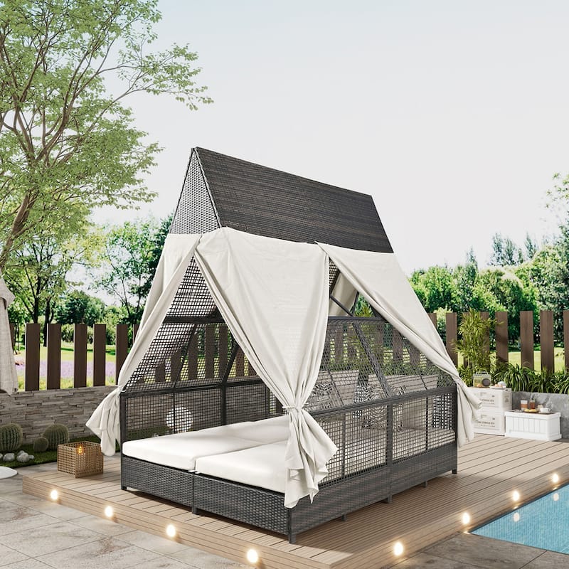 Outdoor All Weather Double Daybed with Curtains, Rattan Patio Lounge Sofa Bed with Adjustable Backrest