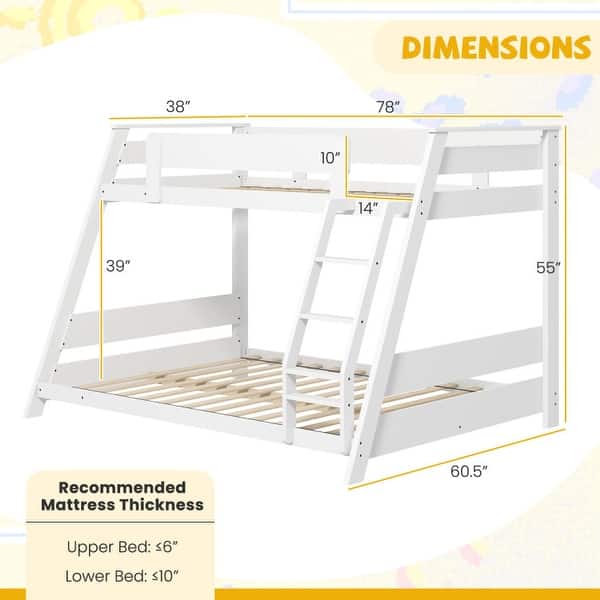 dimension image slide 1 of 2, Twin Over Full Low Bunk Bed with Reversible Ladder, Space-Saving Design, Sturdy Frame
