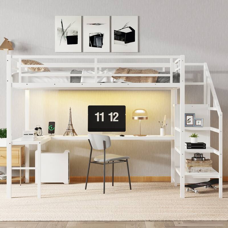 Roomfitters Full/Twin Size Metal Loft Bed with L-Shaped Desk, USB Ports, LED Lighting & Adjustable Shelves, White