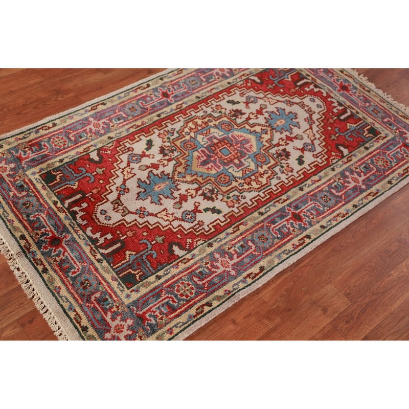 Geometric Heriz Serapi Indian Foyer Rug Hand-Knotted Wool Carpet - 3'0"x 4'11"