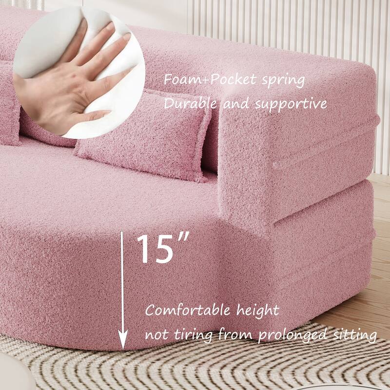 Full-Size Convertible Sofa Bed, Teddy Fabric Sleeper Couch with Foam-Filled Support and 2 Free Pillows for Living Room