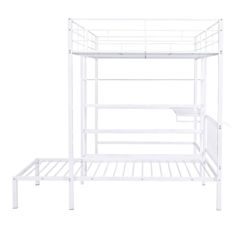Full Over Twin Metal Bunk Bed with Built-in Desk and Ladder in White