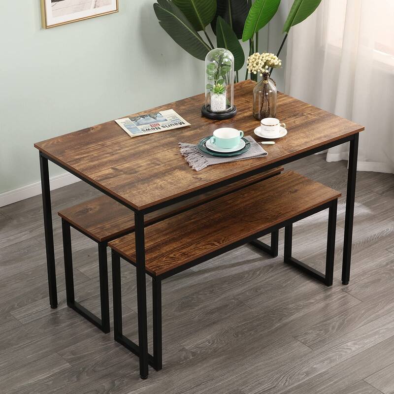 3 PCS Dining Table Set for 4 with 2 Benches, Soho Dining Table and Chairs Set, Kitchen Table and Chairs Breakfast Table Set