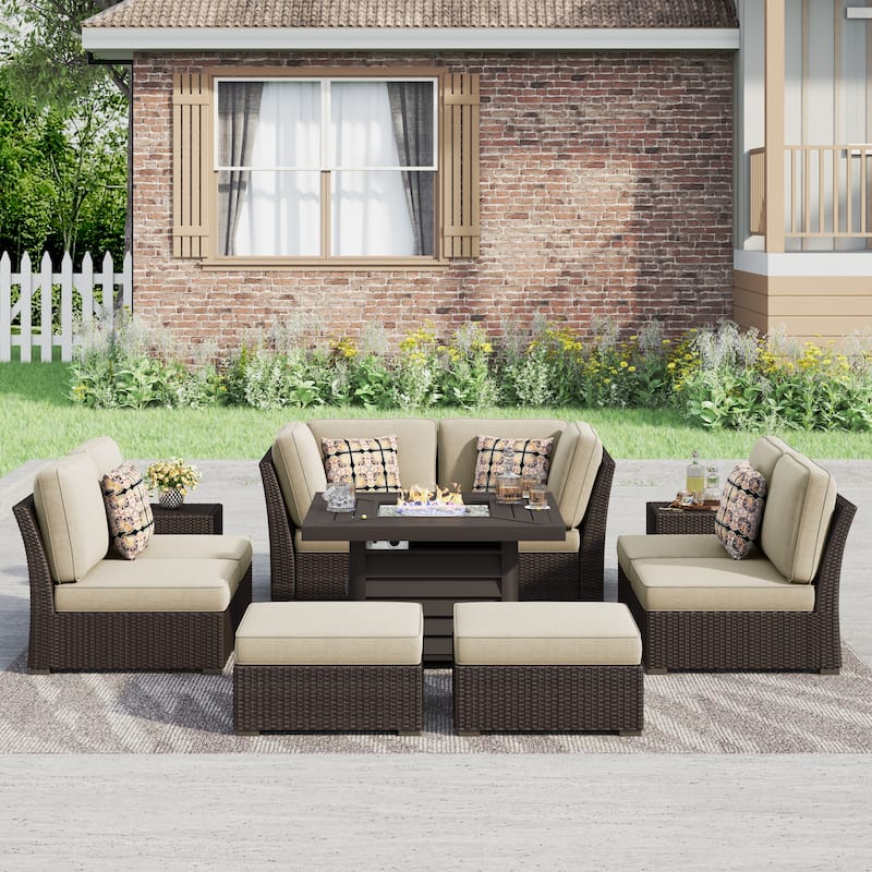 Corvus Oreanne 11-piece Wicker Patio Fire Pit Set - Beige with Square Fire Table