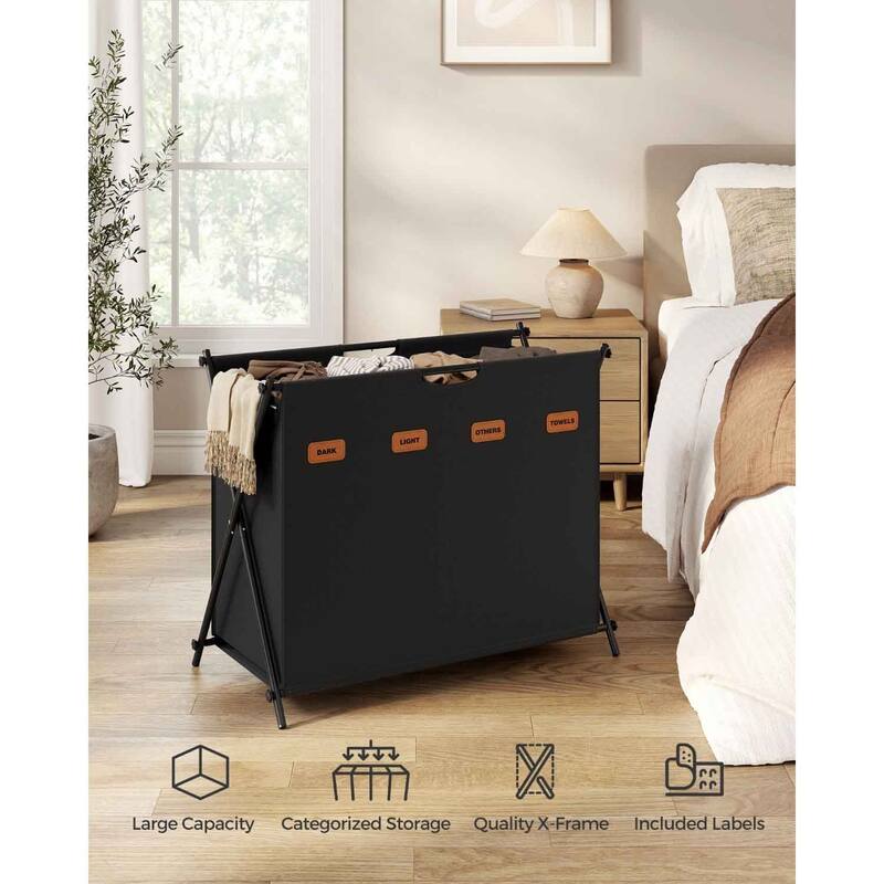 Large 4-Compartment Collapsible Oxford Laundry Sorter Basket with Removable Labels for Clothes Storage - 31.1"L x 15.7"W x 26"H