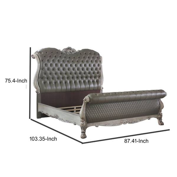 Sleigh Rolled Design Leatherette Eastern King Bed with Claw Legs, Gray