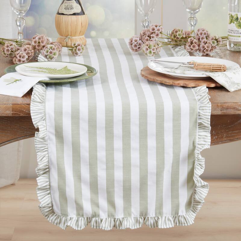 Striped Ruffle Edge Table Runner - Decorative Non-Reversible Cotton Blend Table Runner for Dining Table, 16"x72"