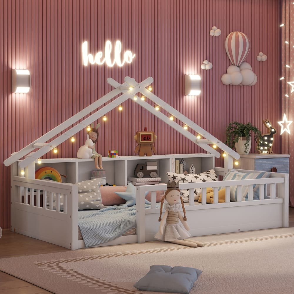 House-shaped Daybed Kids Wood House Bed Montessori Toddler Floor Bed with Roof Shape Storage Bookshelves and Light
