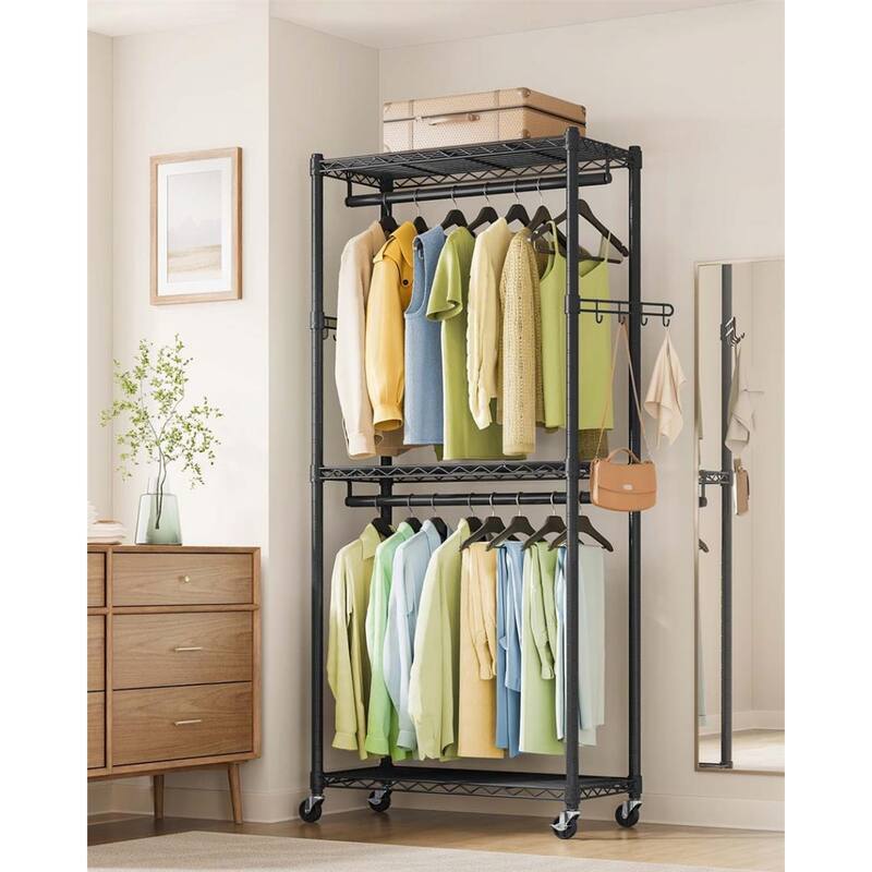 Black Adjustable Garment Rack with Hanging Rails and Shelves Hooks Wheels Heavy-Duty Steel Frame