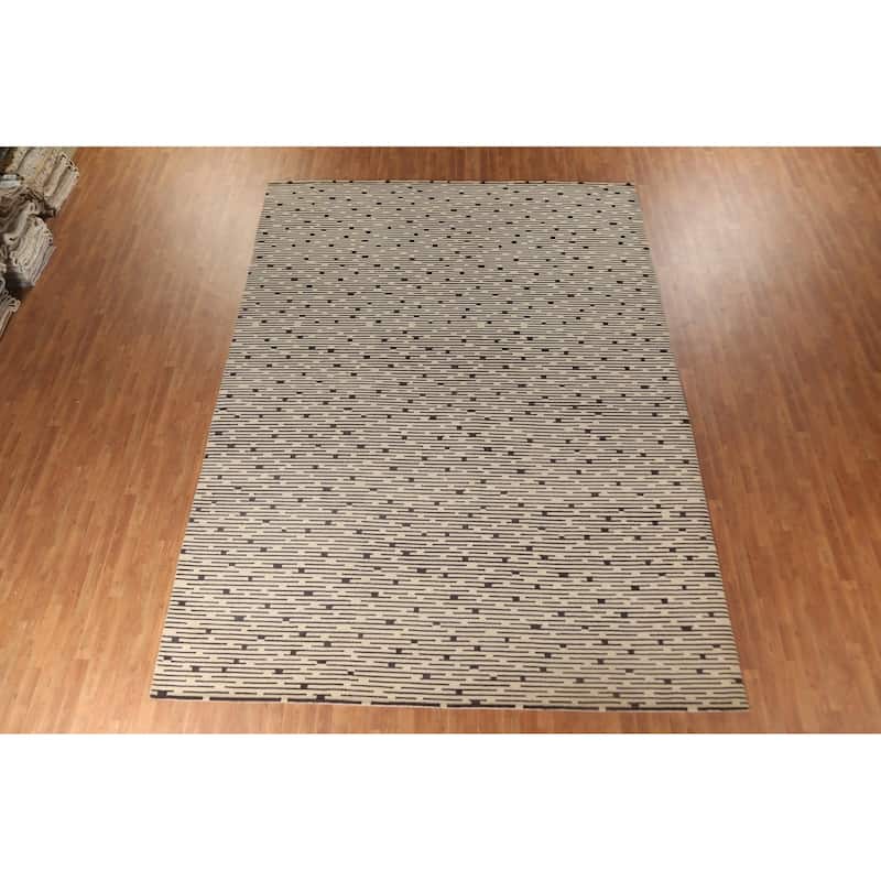 Beige Striped Nepalese Large Area Rug Handmade Wool Carpet - 10'1" x 13'9"