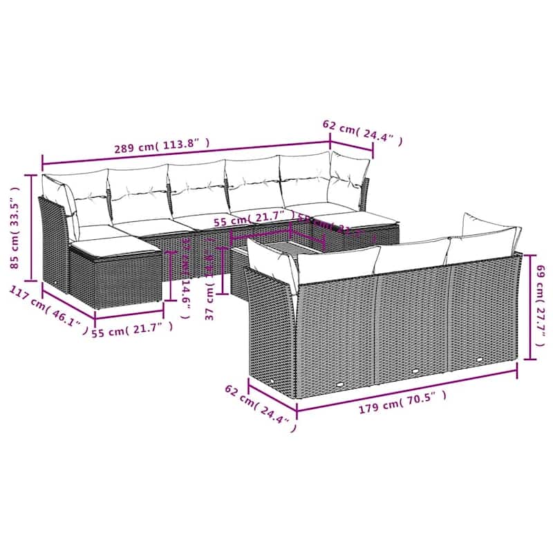 vidaXL 11 Piece Patio Sofa Set with Cushions Black Poly Rattan - 24.4 x 24.4 x 27.2