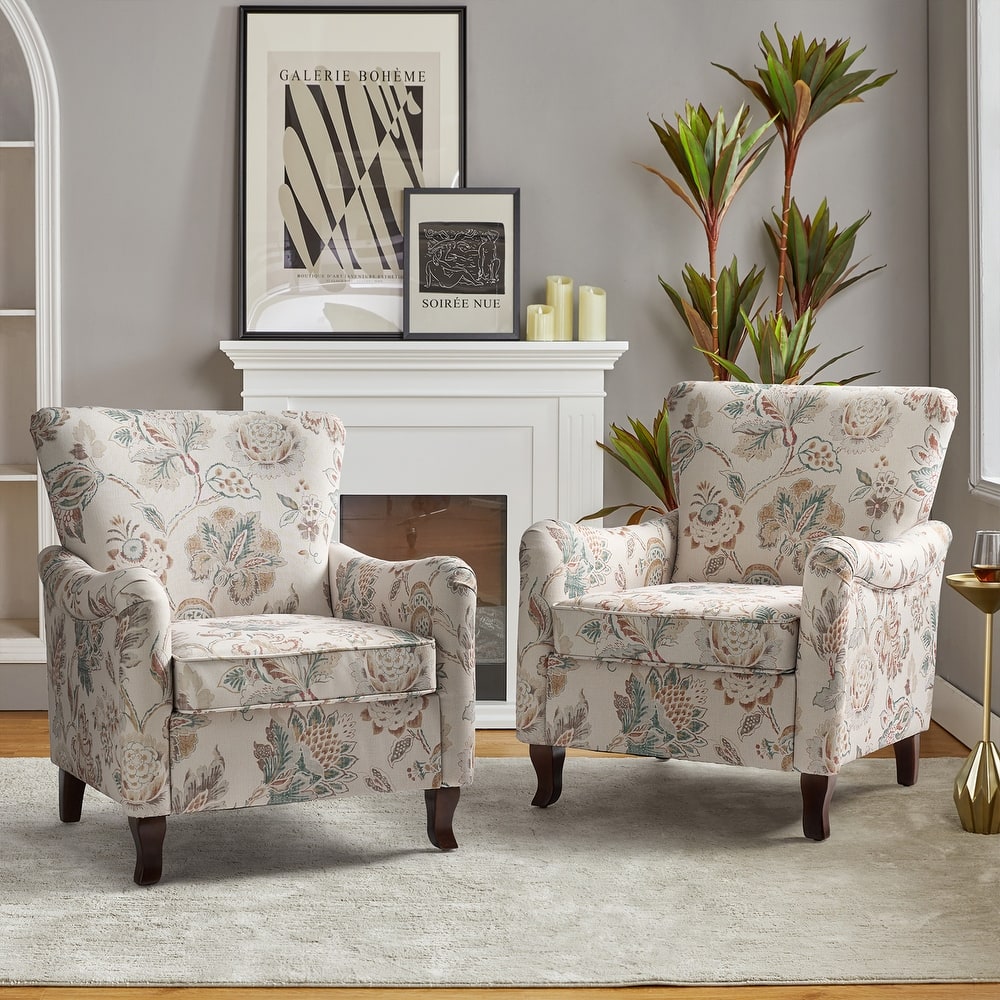 Samouel Modern Floral Upholstered Armchair with Solid Wood Legs and Ergonomic Wingback Design Set of 2 by HULALA HOME