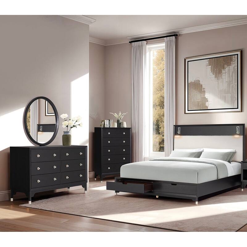 4pc Modern Black Finish Bedroom Furniture Set with LED Lighting