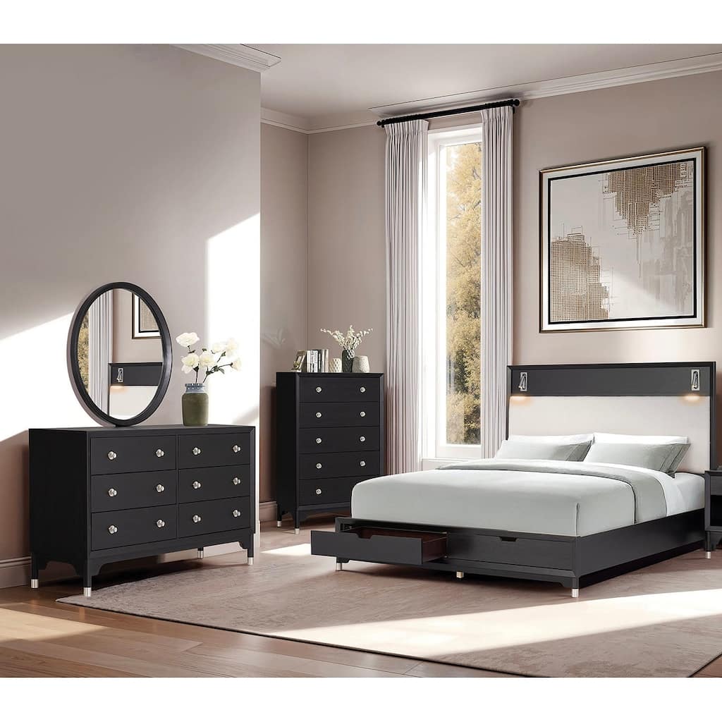 4pc Modern Black Finish Bedroom Furniture Set with LED Lighting