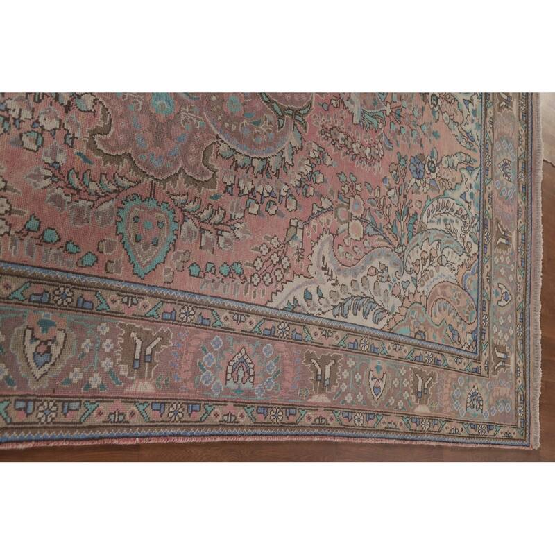Hand Knotted Oriental 100% Wool Carpet Traditional Floral Pink Tabriz Area Rug - 9' 10'' X 6' 7''