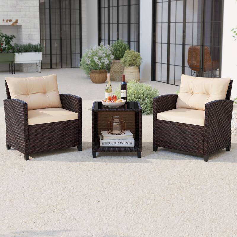 Gymax 3-Piece Patio Furniture Set PE Rattan Conversation Set w/ Glass
