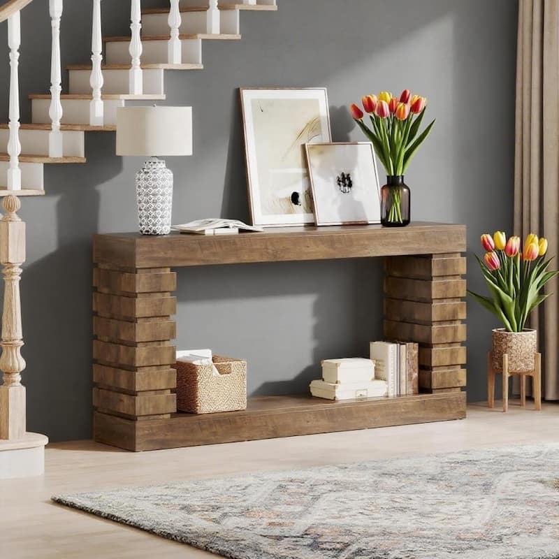 Vintage Brown Industrial Console Table with Geometric Wood Base & 2-Tier Shelving – Narrow Entryway or Sofa Table
