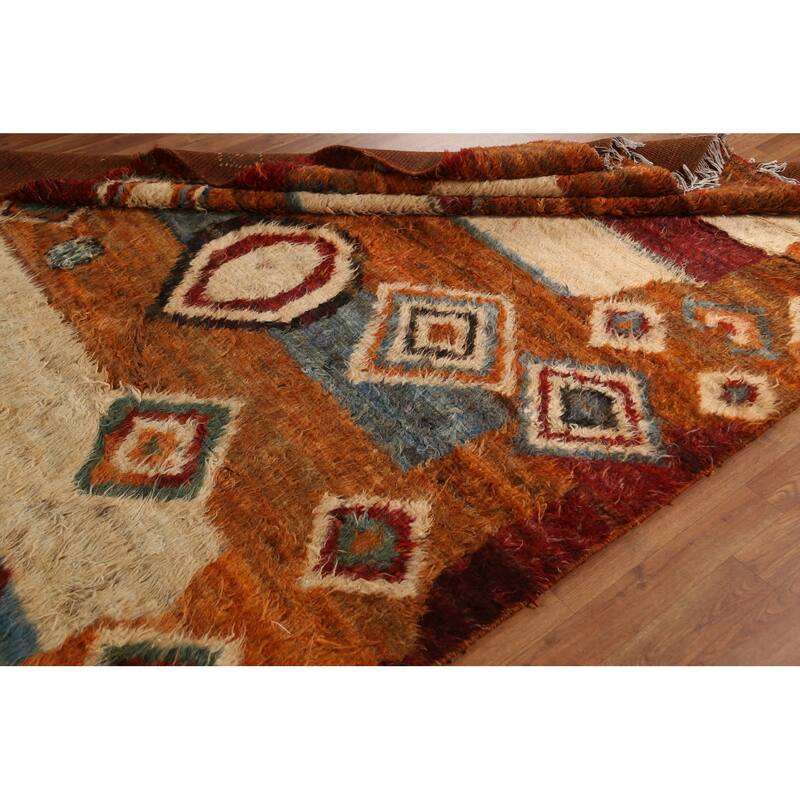 Hand Knotted Oriental 100% Wool Carpet Modern Tribal Oranges & Rust Moroccan Area Rug - 9' 11'' X 6' 8''