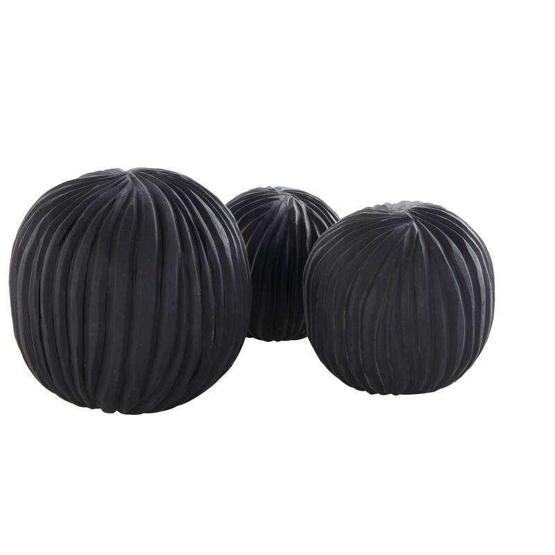 Brown or Black Teak Wood Handmade Carved Textured Orbs & Vase Filler with Ridges (Set of 3)