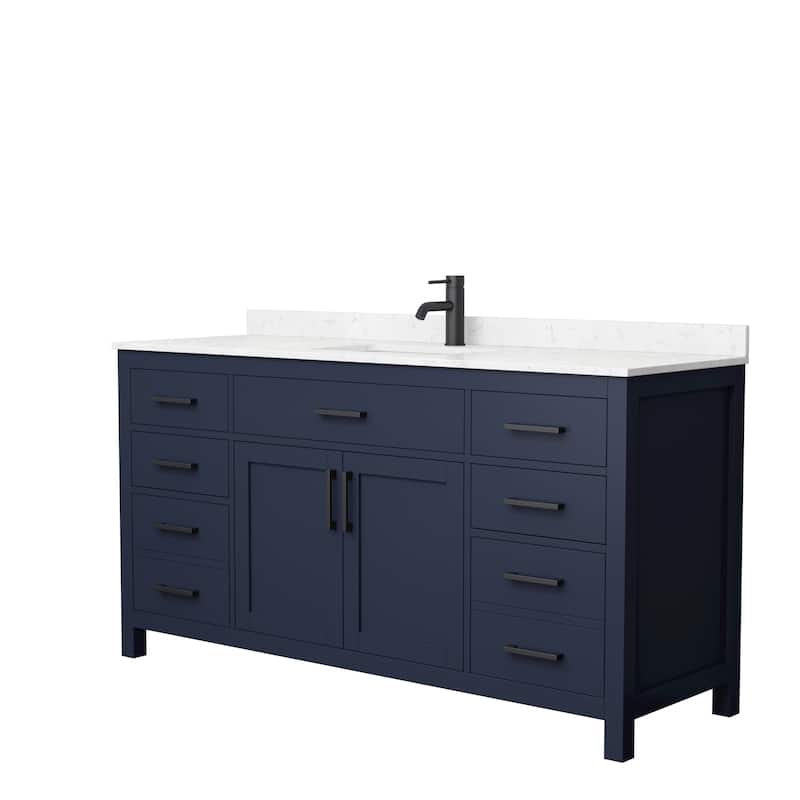 Beckett 66 Inch Single Vanity, Cultured Marble Top - Dark Blue, Black Trim, Carrara Cultured Marble Top