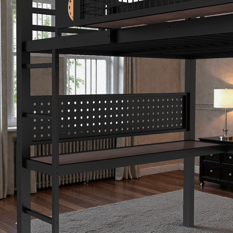 Queen Metal Loft Bed with Desk, Pegboard, Storage Basket, Clock, USB Charging Port & Space-Saving Workstation