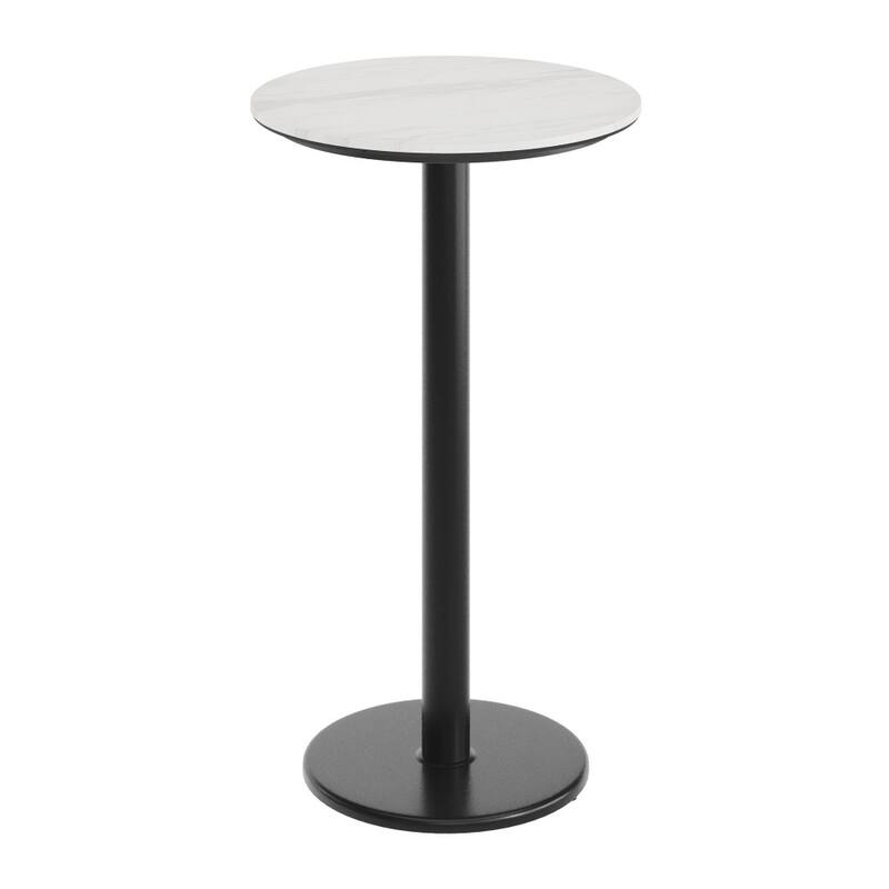 Commercial HPL Tabletop with Bar Height Round Base - White Faux Marble/Black Base - 23.5"W x 23.5"D x 42"H