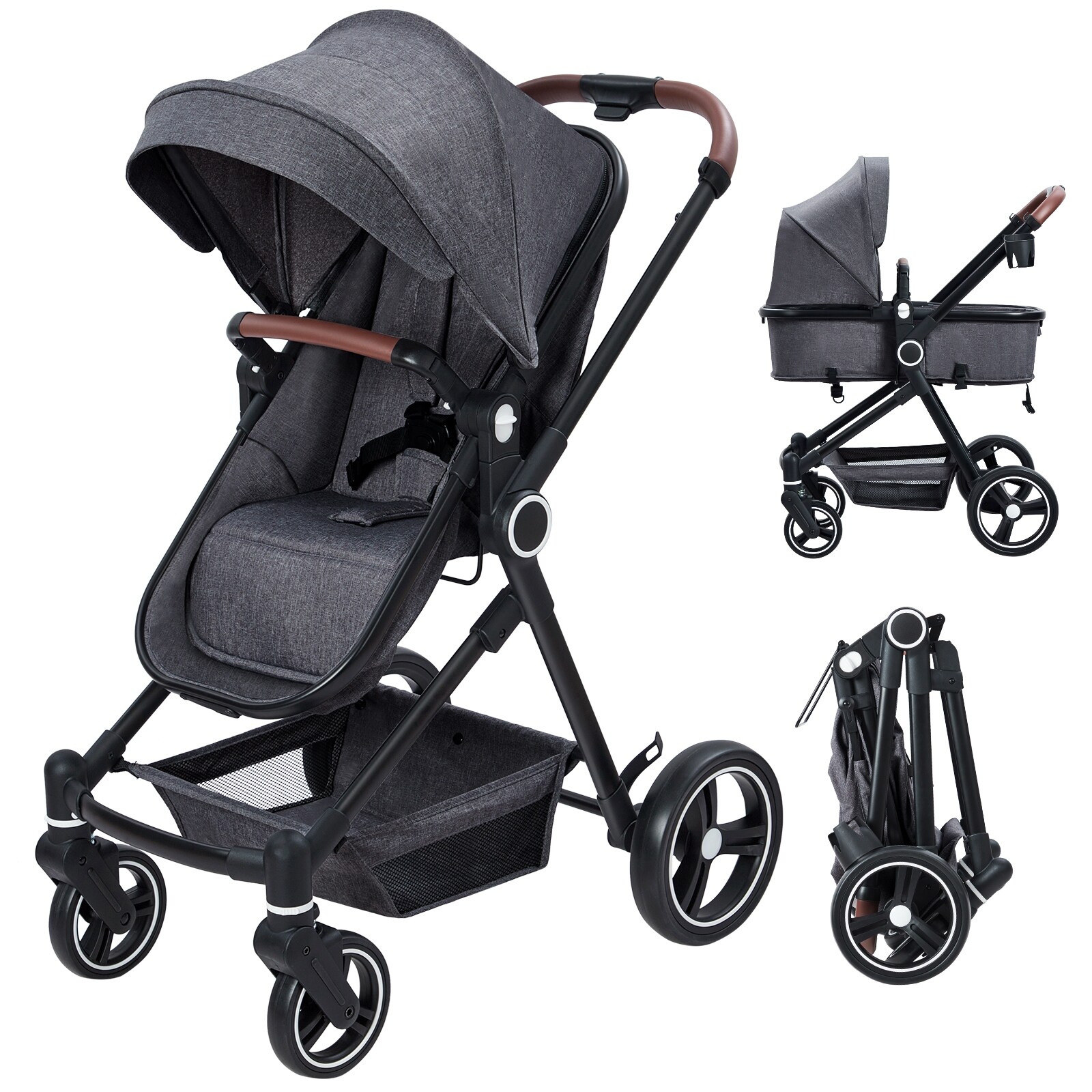 2 in1 Baby Stroller High Landscape Infant Stroller Reversible Bassinet Pram Stroller Grey