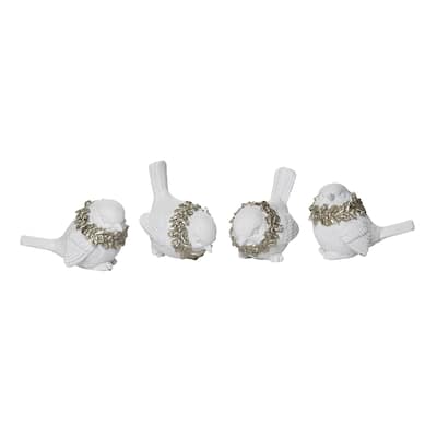 Transpac Resin 3 in. White Christmas Elegant Glitter Wreath Bird Figurine Set of 4