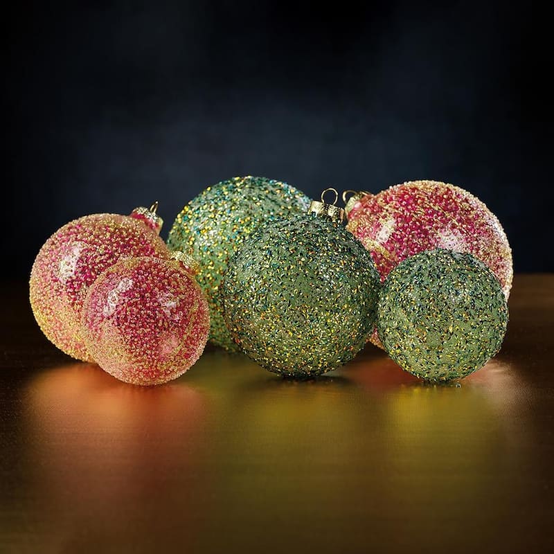 4" Beaded Tinsel Green Glass Ball Ornaments, Set of 6