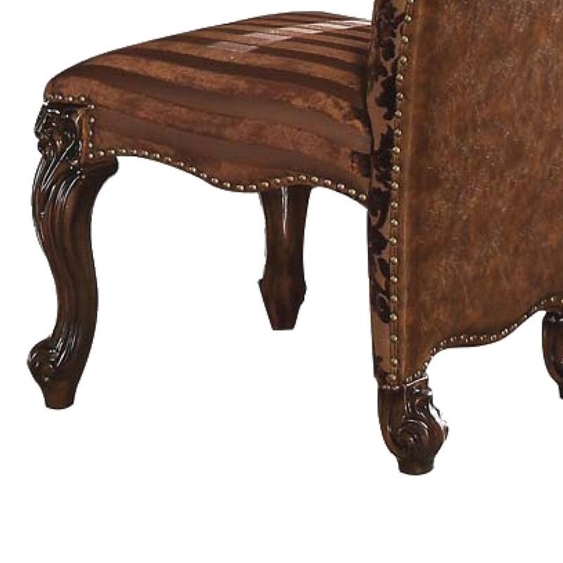 Faux Leather Upholstered Wooden Side Chair with Scrolled Carvings, Brown, Set of 2
