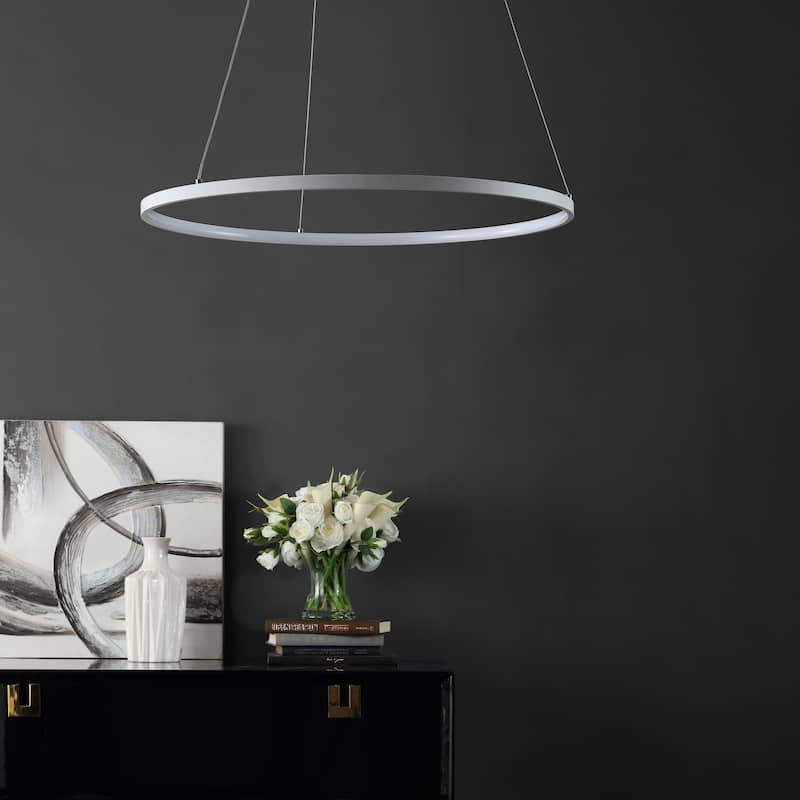 SAFAVIEH Lighting Adje 74-inch Modern White Adjustable LED Pendant - 24" W x 24" L x 12-74" H - 24Wx24Dx61H