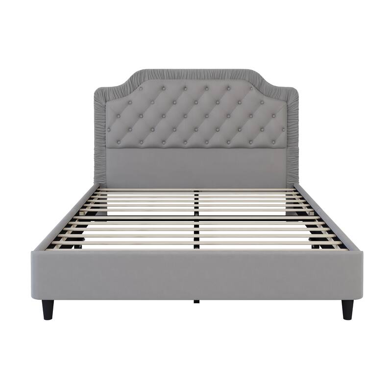 Modern Queen Size Upholstered Bed with Ruched and Button Tufted Headboard, Wooden Frame with Metal Base, No Box Spring Needed