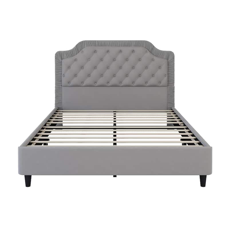 Velvet Upholstered Platform Bed with Ruched and Button Tufted Headboard, Solid Wood Frame, No Box Spring Needed, Easy Assembly