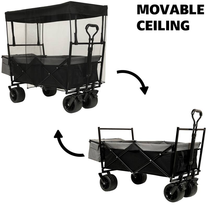 480lb Collapsible Wagon with Canopy & Mosquito Net - 7" All-Terrain Wheels, Lightweight Design, Black