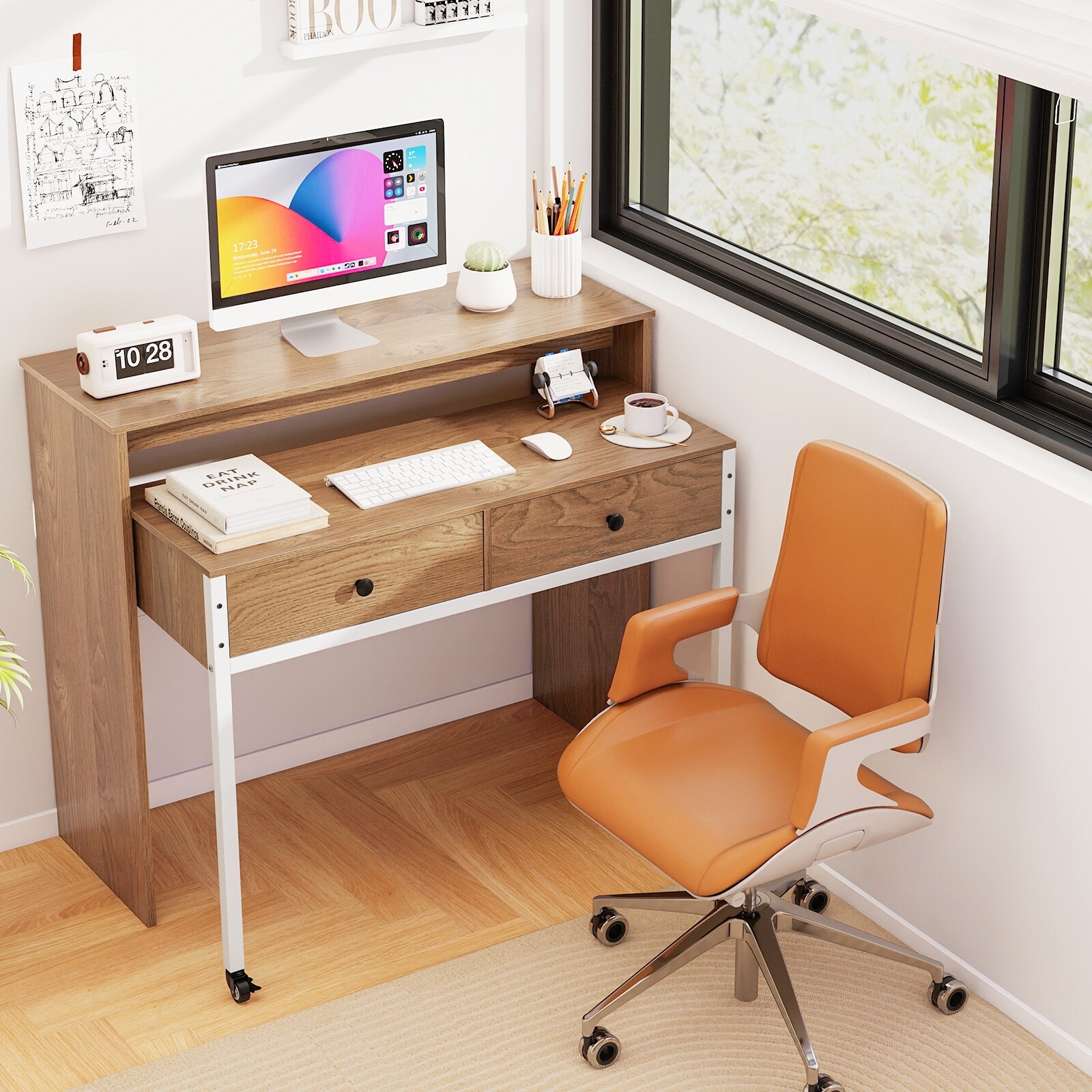 Gymax Extendable Computer Desk w/ 2 Storage Drawers & Monitor
