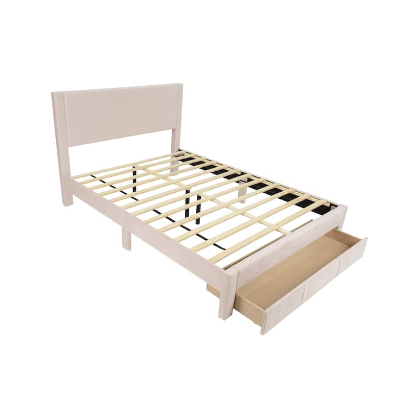 Queen Size Corduroy Upholstered Panel Bed with Under-Bed Storage Drawer and No Box Spring Required