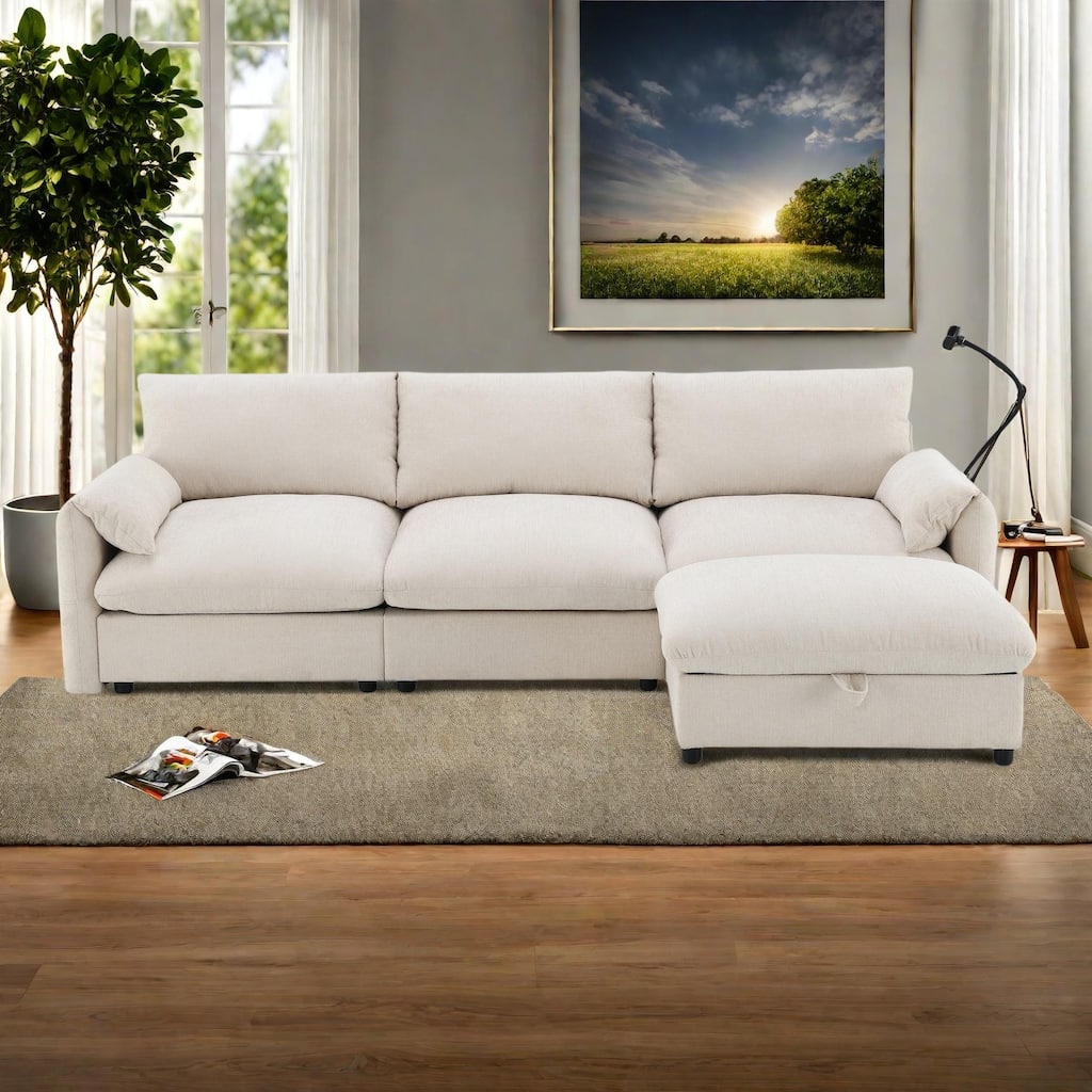 96.5" Chenille L-Shaped Sectional Sofa with Storage Ottoman, Adjustable Phone Holder, USB Charger and Armrest Storage Pockets