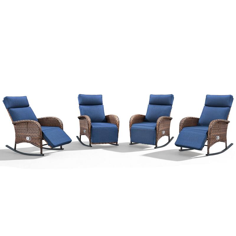 Meyreso Wicker Rocking Reclining Chaise Lounge with Adjustable Backrest & Footrest (4-Pack)