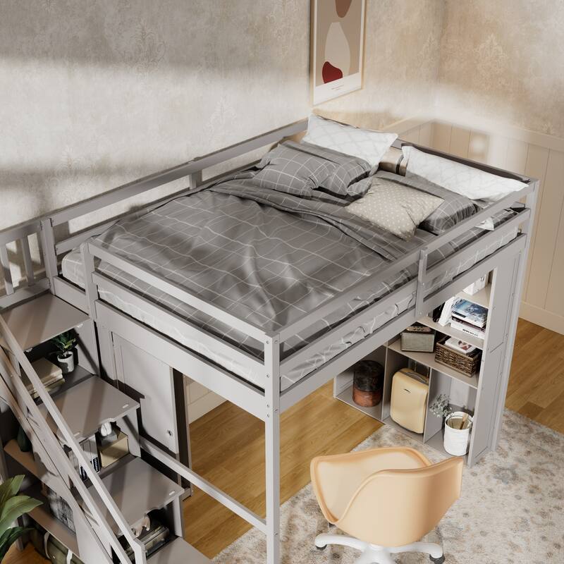 Full Loft Bed with Built-In Wardrobe & Study Desk - Space-Saving Frame with LED Lights & Shelves