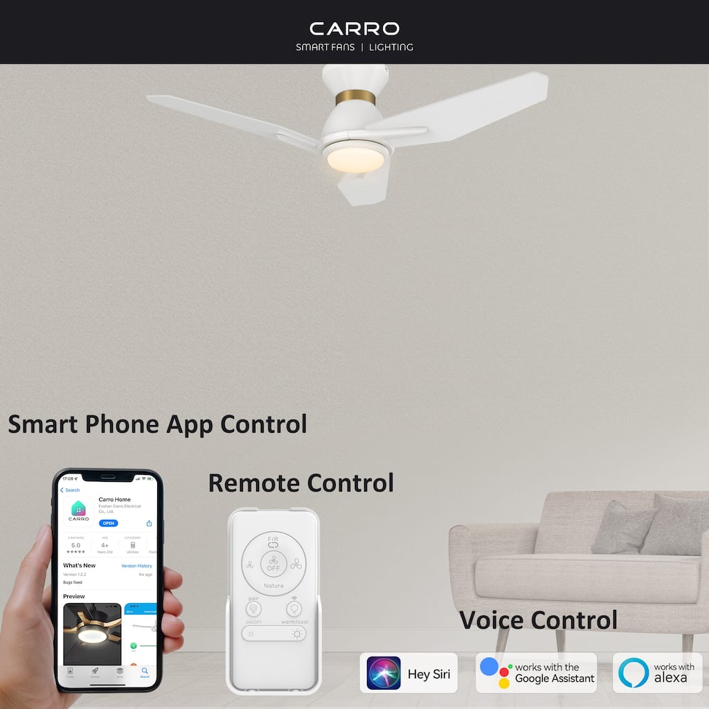 CARRO Jaiden 44" 3-Blade White Smart Ceiling Fan with Light and Remote-Flush Mount