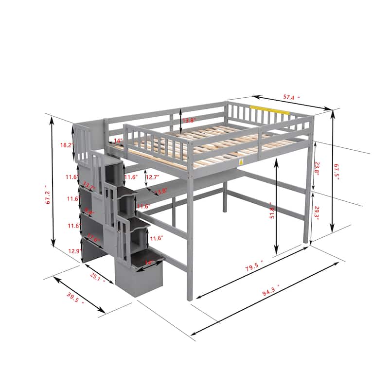 Full Size Loft Bed with Desk, Storage shelves and Staircase