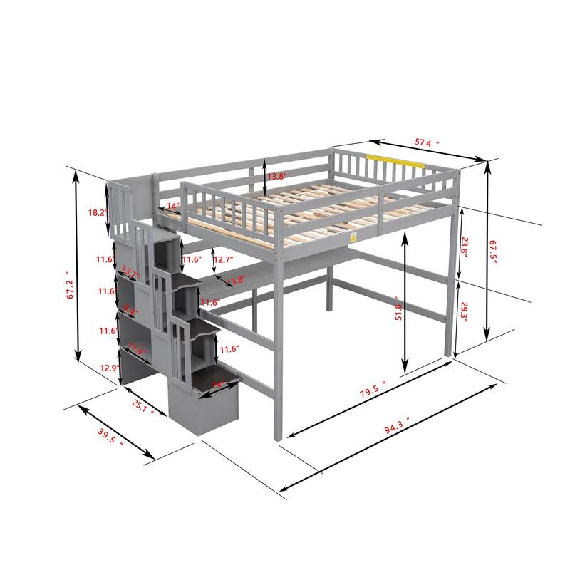 Full Size Loft Bed with Desk and Shelves