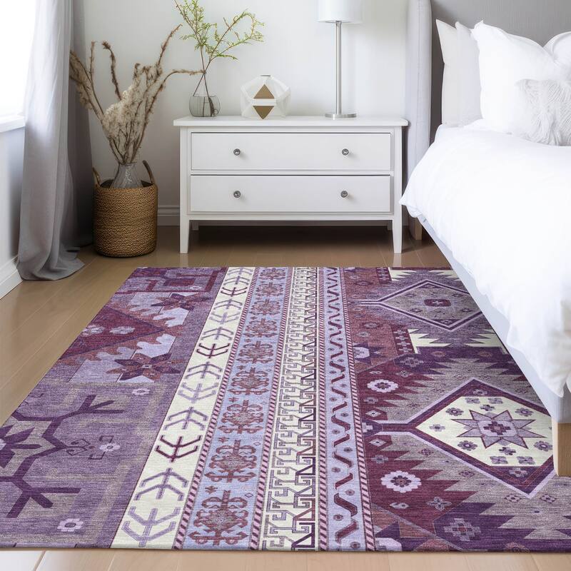 Machine Washable Indoor/ Outdoor Boho Tribal Chantille Rug